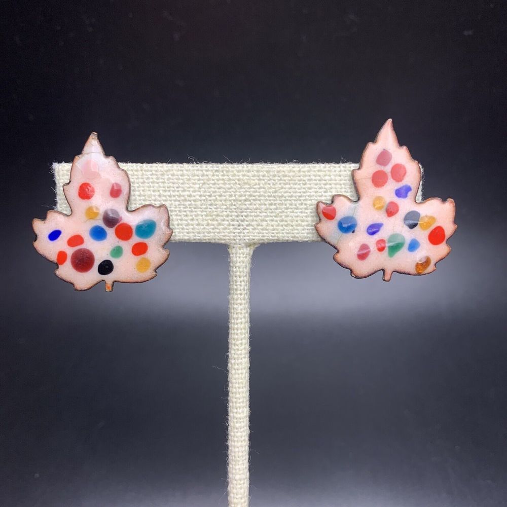 Enamel on Copper Leaf Earrings Screwback Multicolor Spotted Autumn Maple Vintage